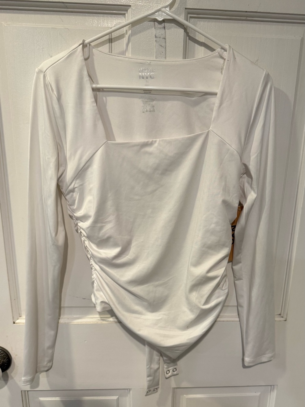 NYC White Long Sleeve Square Neck Bodysuit with Side Ruching